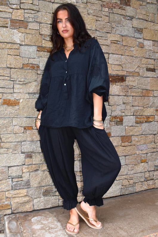 Mimi Pillow Cotton Batwing Blouse Black